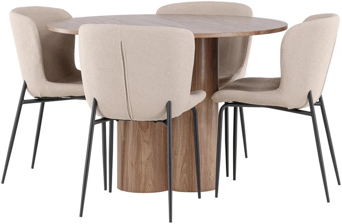 Venture Design Valgomojo stalas ir kėdžių komplektas Olivia valgomojo stalas su Modesto kėdėmis 110 cm, moka spalva ir smėlio spalvos audinys