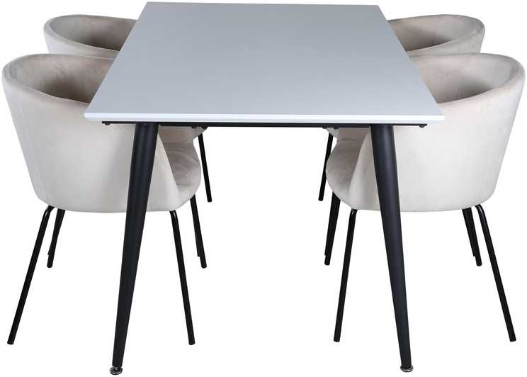 Venture Design Valgomojo stalas ir kėdžių komplektas Jimmy valgomojo stalas 150x90x76 cm juodas baltas Berit kėdė 55x55x78 cm juoda smėlio spalvos veliūras