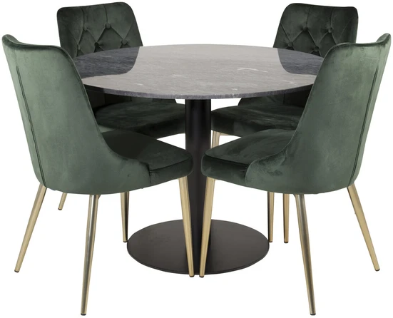 Venture Design Valgomojo stalas ir kėdžių komplektas, Estelle ir aksominis, ø106xA75 cm ir 66x88.5x50 cm, Juoda ir samaninė.