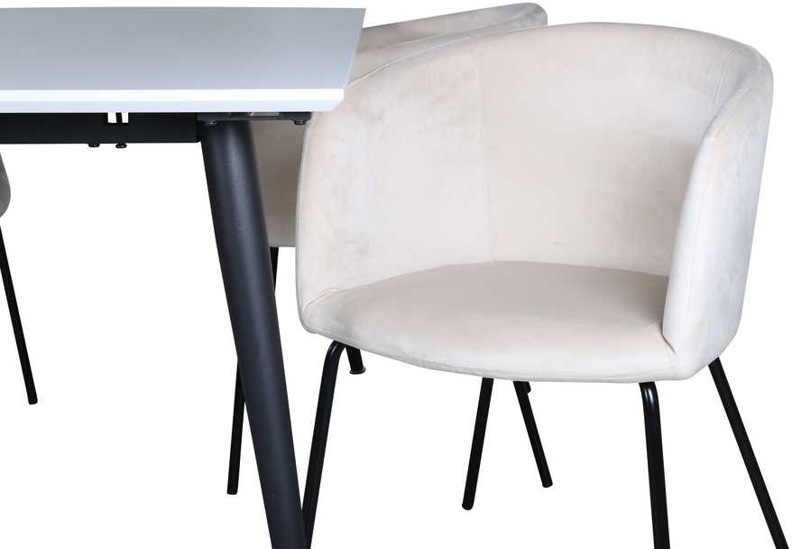Venture Design Valgomojo stalas ir kėdžių komplektas Jimmy valgomojo stalas 150x90x76 cm juodas baltas Berit kėdė 55x55x78 cm juoda smėlio spalvos veliūras