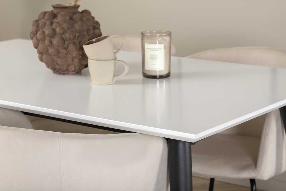 Venture Design Valgomojo stalas ir kėdžių komplektas Jimmy valgomojo stalas 150x90x76 cm juodas baltas Berit kėdė 55x55x78 cm juoda smėlio spalvos veliūras