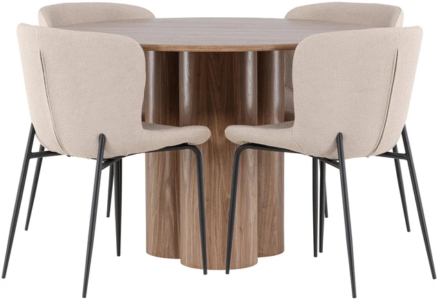 Venture Design Valgomojo stalas ir kėdžių komplektas Olivia valgomojo stalas su Modesto kėdėmis 110 cm, moka spalva ir smėlio spalvos audinys
