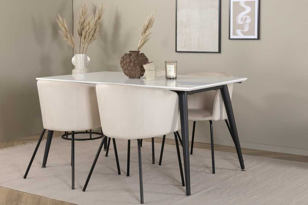 Venture Design Valgomojo stalas ir kėdžių komplektas Jimmy valgomojo stalas 150x90x76 cm juodas baltas Berit kėdė 55x55x78 cm juoda smėlio spalvos veliūras
