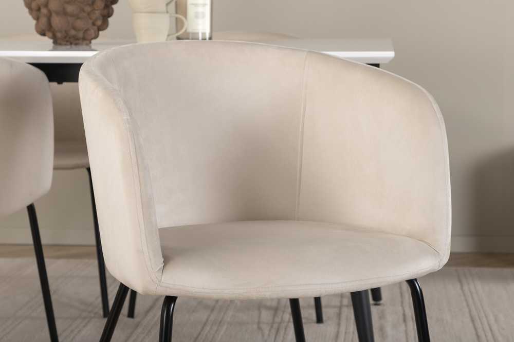 Venture Design Valgomojo stalas ir kėdžių komplektas Jimmy valgomojo stalas 150x90x76 cm juodas baltas Berit kėdė 55x55x78 cm juoda smėlio spalvos veliūras