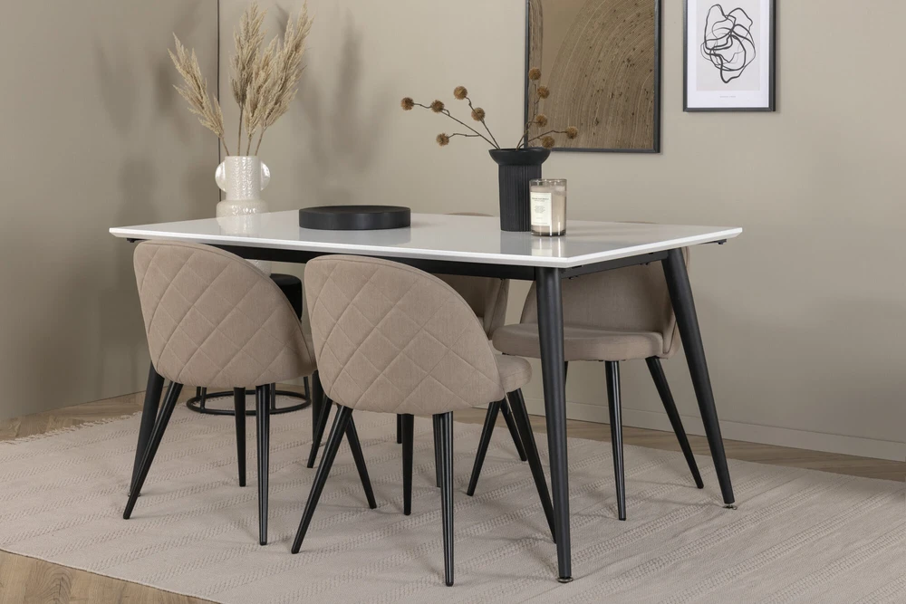 Venture Design Valgomojo stalas, Jimmy, 150-240x90x76 cm, Balta, Valgomasis kėdė, Švelnūs siūlai, 57x76.5x50 cm, Bėžinės.