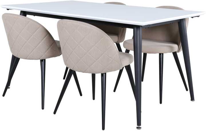 Venture Design Valgomojo stalas, Jimmy, 150-240x90x76 cm, Balta, Valgomasis kėdė, Švelnūs siūlai, 57x76.5x50 cm, kreminė.