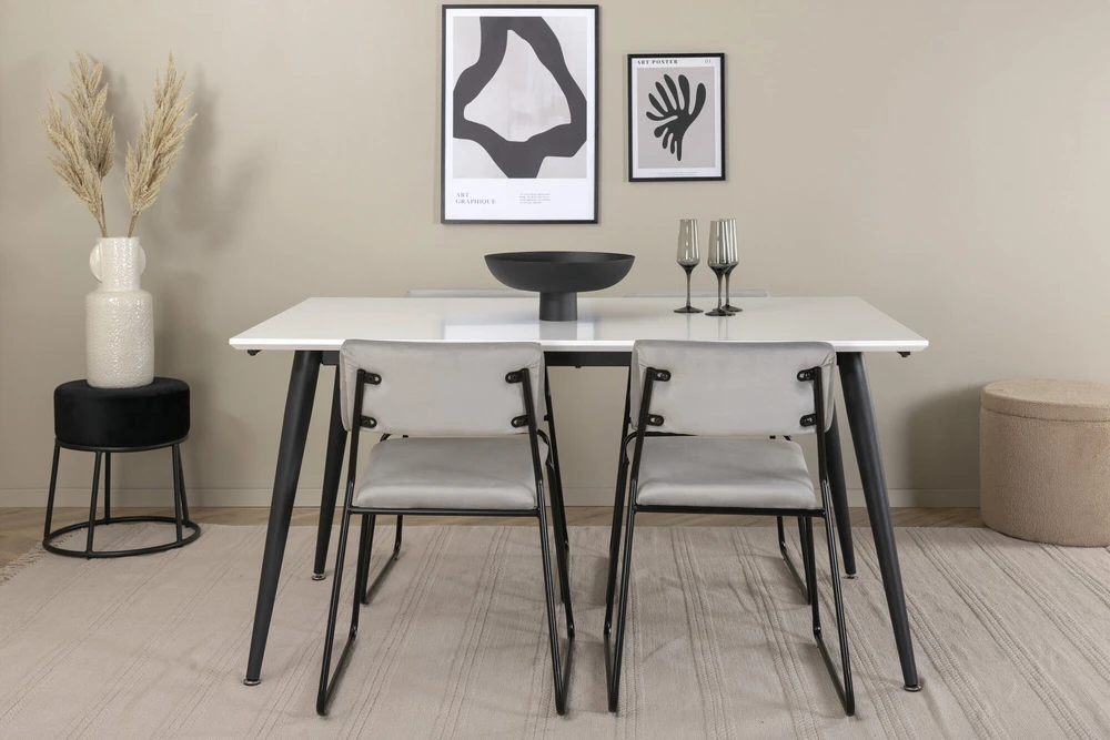 Venture Design Valgomojo stalas, Jimmy, 150-240x90 cm, Juodas/Baltas, Valgomasis kėdė, Kenth, 76x40 cm, Juoda/Pilka