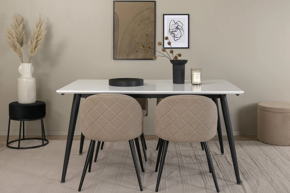 Venture Design Valgomojo stalas, Jimmy, 150-240x90x76 cm, Balta, Valgomasis kėdė, Švelnūs siūlai, 57x76.5x50 cm, Bėžinės.