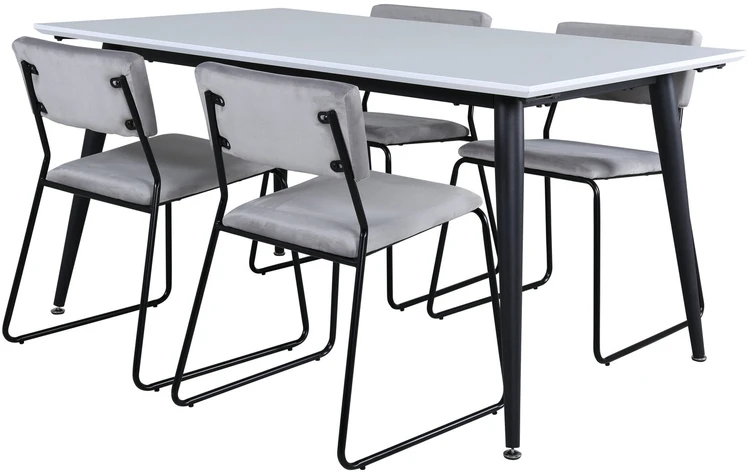 Venture Design Valgomojo stalas, Jimmy, 150-240x90 cm, Juodas/Baltas, Valgomasis kėdė, Kenth, 76x40 cm, Juoda/Pilka