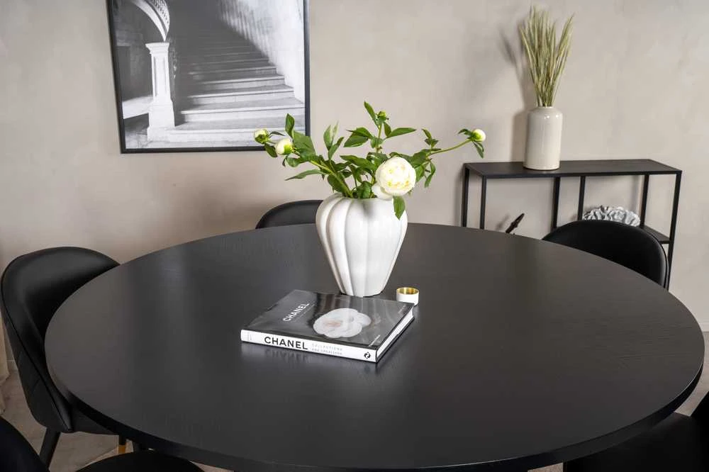 Venture Design Valgomojo stalas, Kopenhaga, ⌀140 cm, Juodas / Valgomasis kėdė, Samtis, 57x76.5x50 cm, Juoda