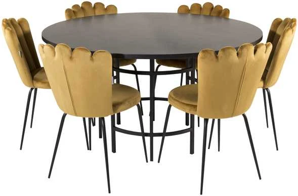 Venture Design Valgomojo stalas, Kopenhaga, ⌀140 cm, Juodas / Valgomasis kėdė, Limhamn Light, 54x82.5x44.5 cm, Aukso velvetas
