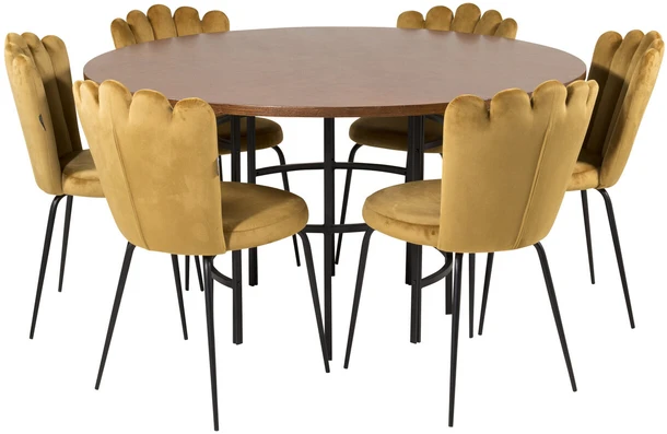 Venture Design Valgomojo stalas, Kopenhaga, ⌀140 cm, Ruda / Juoda + Kėdė, Limhamn Light, 54x82.5x44.5 cm, Aukso audeklas