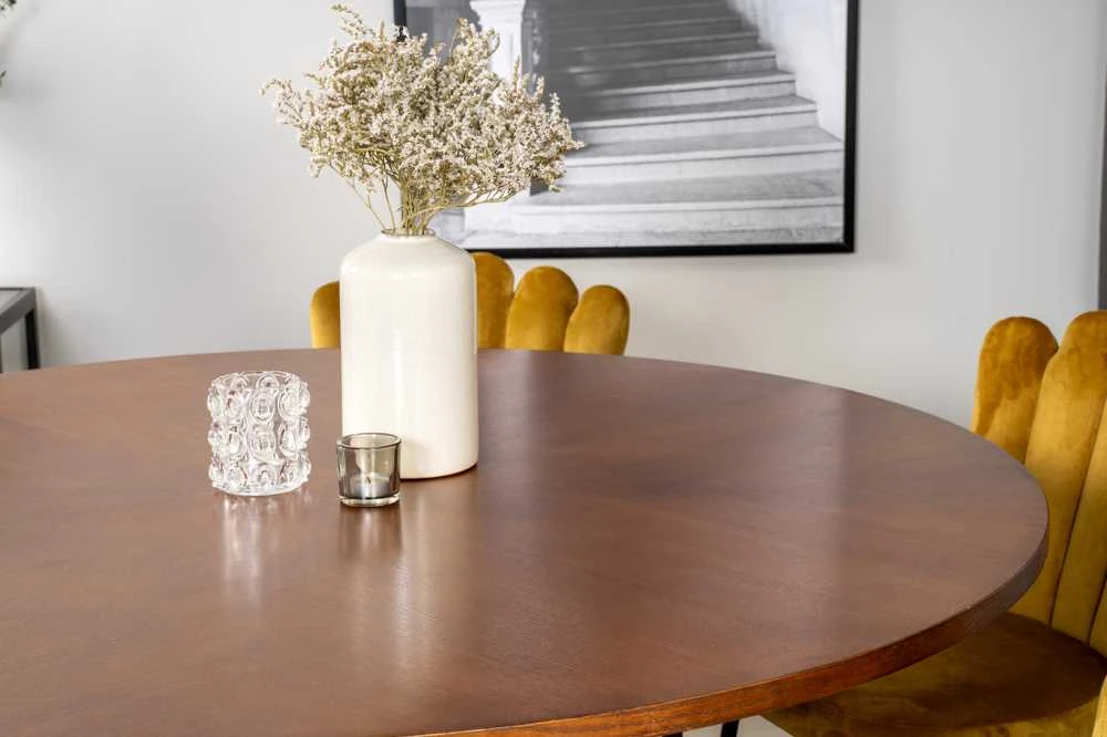 Venture Design Valgomojo stalas, Kopenhaga, ⌀140 cm, Ruda / Juoda + Kėdė, Limhamn Light, 54x82.5x44.5 cm, Aukso audeklas
