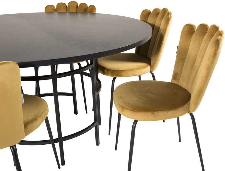 Venture Design Valgomojo stalas, Kopenhaga, ⌀140 cm, Juodas / Valgomasis kėdė, Limhamn Light, 54x82.5x44.5 cm, Aukso velvetas