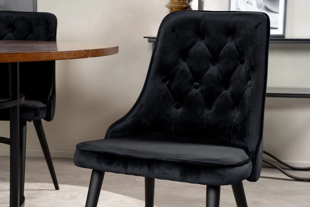 Venture Design Valgomojo stalas, Kopenhaga, ⌀140 cm, Ruda / Valgomasis kėdė, Veltinė prabanga, 66x88.5x50 cm, Juoda