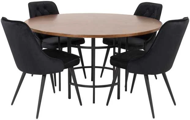 Venture Design Valgomojo stalas, Kopenhaga, ⌀140 cm, Ruda / Valgomasis kėdė, Veltinė prabanga, 66x88.5x50 cm, Juoda