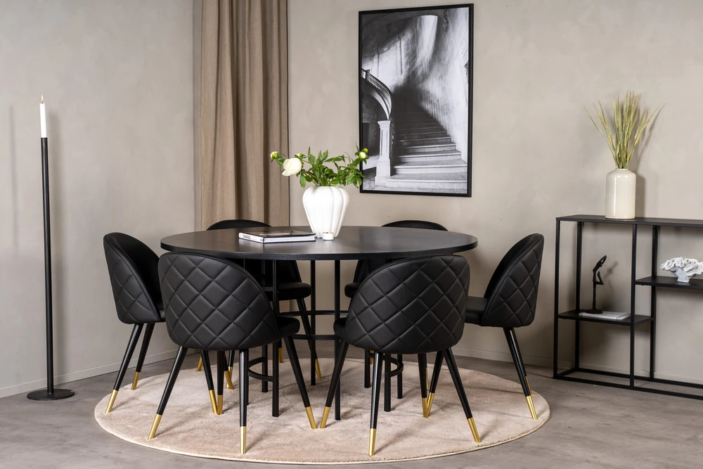Venture Design Valgomojo stalas, Kopenhaga, ⌀140 cm, Juodas / Valgomasis kėdė, Samtis, 57x76.5x50 cm, Juoda