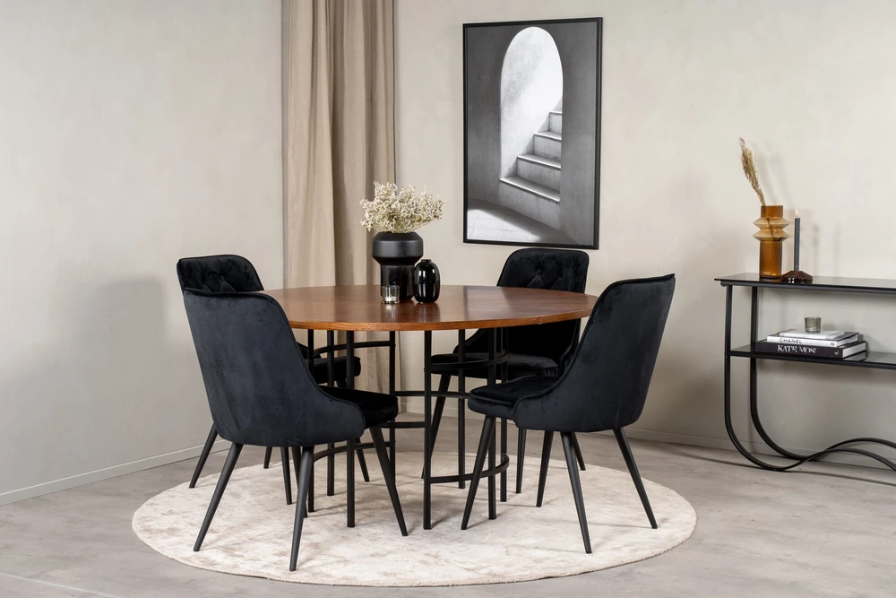 Venture Design Valgomojo stalas, Kopenhaga, ⌀140 cm, Ruda / Valgomasis kėdė, Veltinė prabanga, 66x88.5x50 cm, Juoda