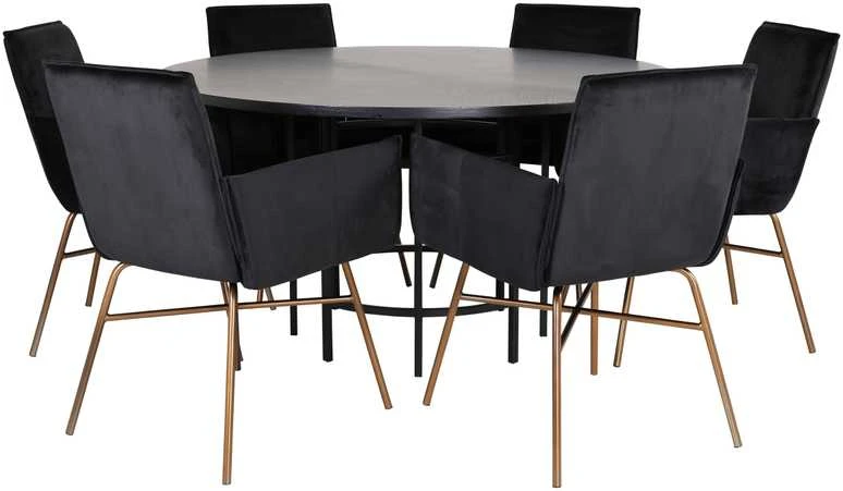 Venture Design Valgomojo stalas, Kopenhaga, 140x74 cm, Juodas / Valgomasis kėdė, Petra, 60x87x57 cm, Juoda aksomas