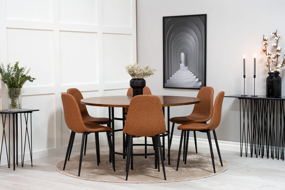 Venture Design Valgomojo stalas, Kopenhaga, ⌀140 cm, Ruda / Valgomasis kėdė, Poliaras, 53x87x44 cm, Juoda