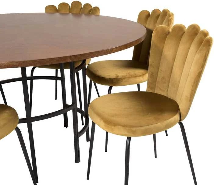 Venture Design Valgomojo stalas, Kopenhaga, ⌀140 cm, Ruda / Juoda + Kėdė, Limhamn Light, 54x82.5x44.5 cm, Aukso audeklas