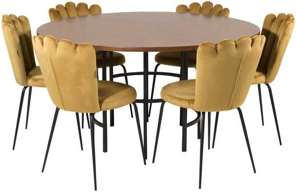 Venture Design Valgomojo stalas, Kopenhaga, ⌀140 cm, Ruda / Juoda + Kėdė, Limhamn Light, 54x82.5x44.5 cm, Aukso audeklas