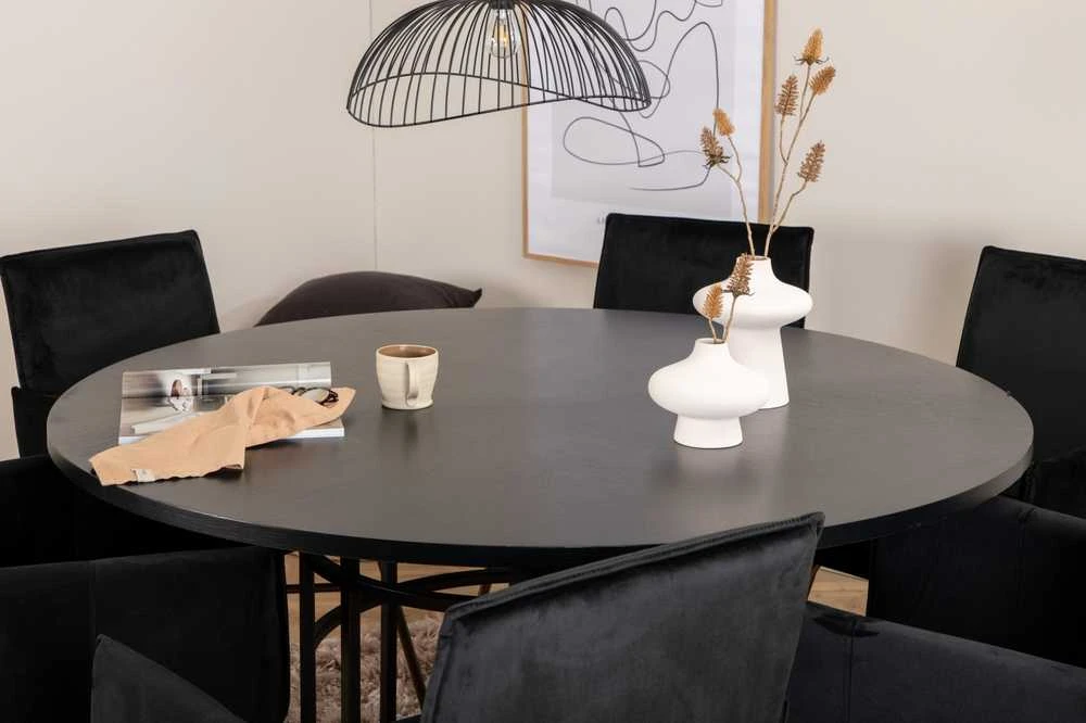 Venture Design Valgomojo stalas, Kopenhaga, 140x74 cm, Juodas / Valgomasis kėdė, Petra, 60x87x57 cm, Juoda aksomas