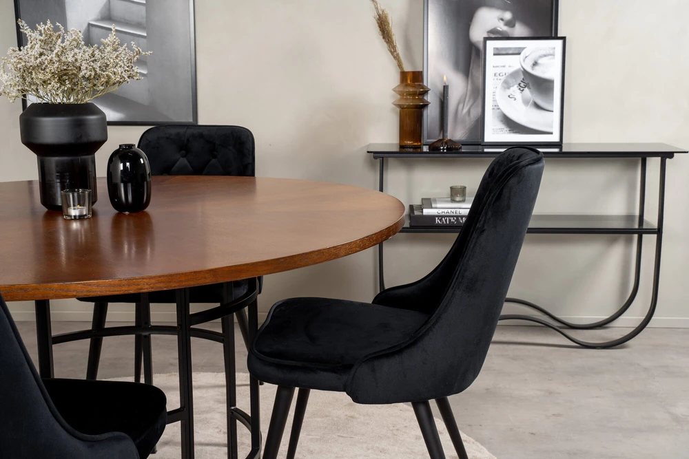 Venture Design Valgomojo stalas, Kopenhaga, ⌀140 cm, Ruda / Valgomasis kėdė, Veltinė prabanga, 66x88.5x50 cm, Juoda