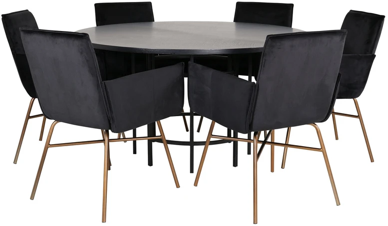 Venture Design Valgomojo stalas, Kopenhaga, 140x74 cm, Juodas / Valgomasis kėdė, Petra, 60x87x57 cm, Juoda aksomas