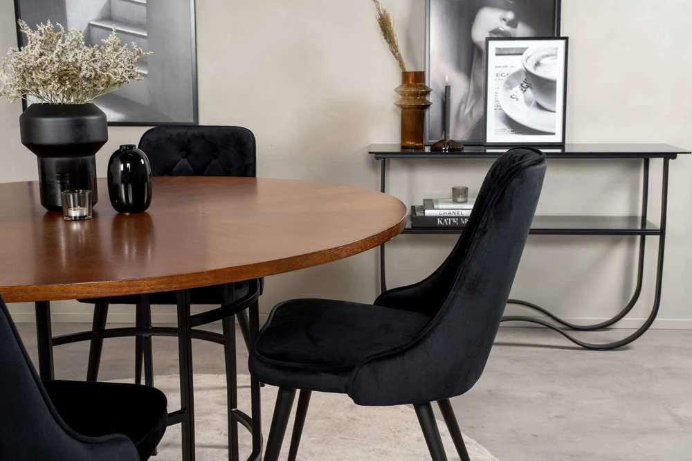 Venture Design Valgomojo stalas, Kopenhaga, ⌀140 cm, Ruda / Valgomasis kėdė, Veltinė prabanga, 66x88.5x50 cm, Juoda