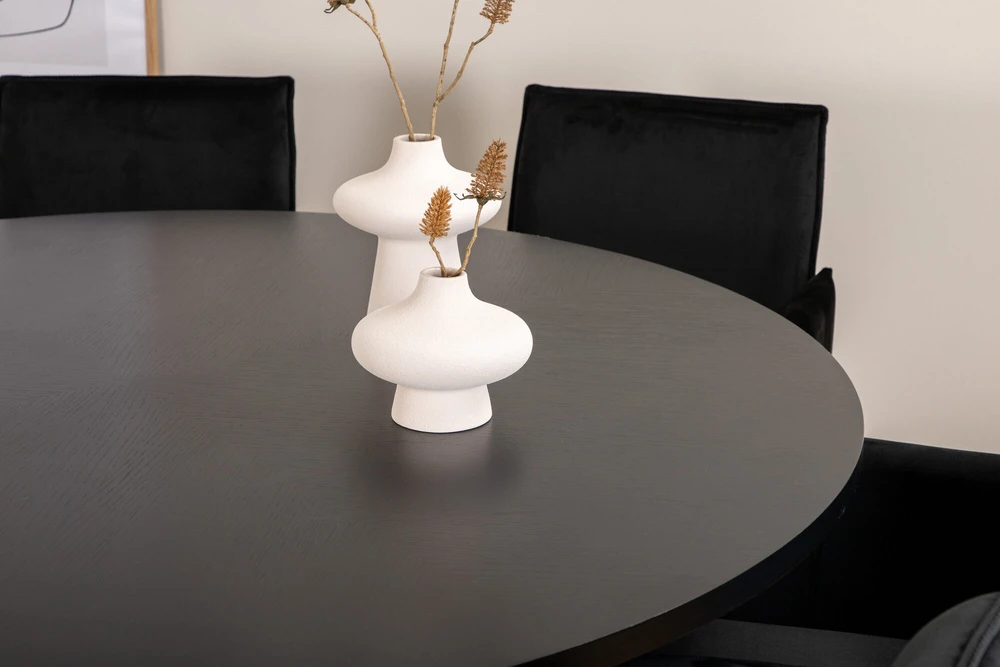 Venture Design Valgomojo stalas, Kopenhaga, 140x74 cm, Juodas / Valgomasis kėdė, Petra, 60x87x57 cm, Juoda aksomas