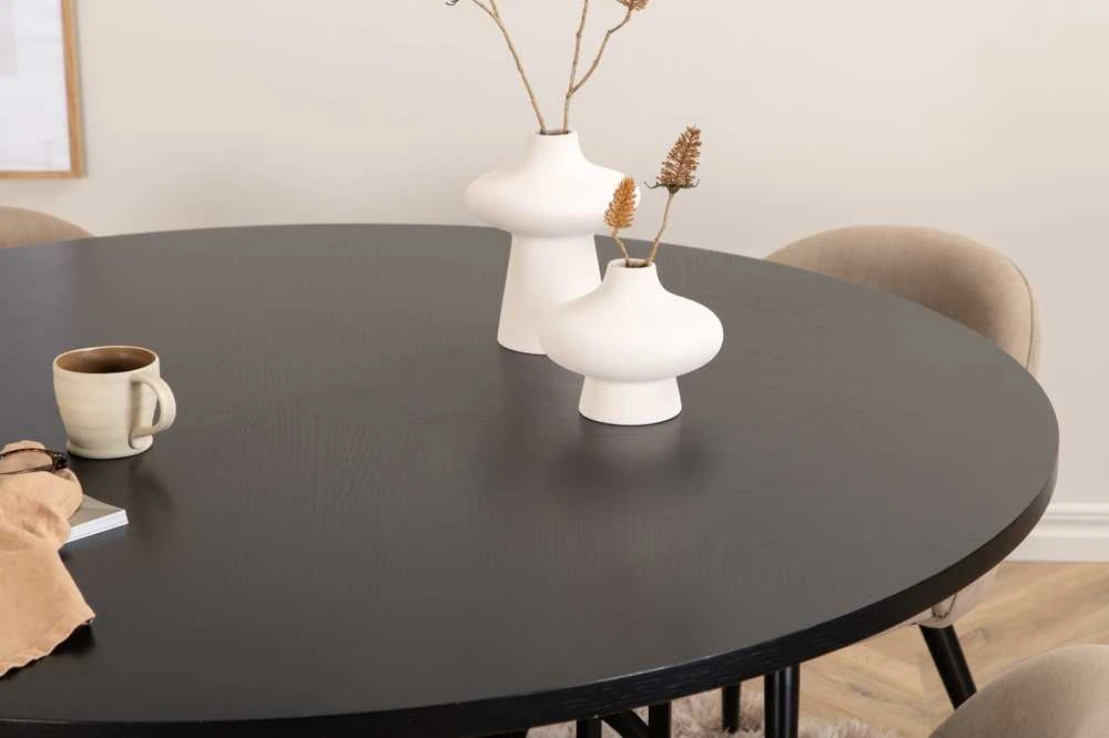 Venture Design Valgomojo stalas, Kopenhaga, 140x74 cm, Juodas, Valgomasis kėdė, Veltinė siūlė, 57x76.5x50 cm, kreminė spalva