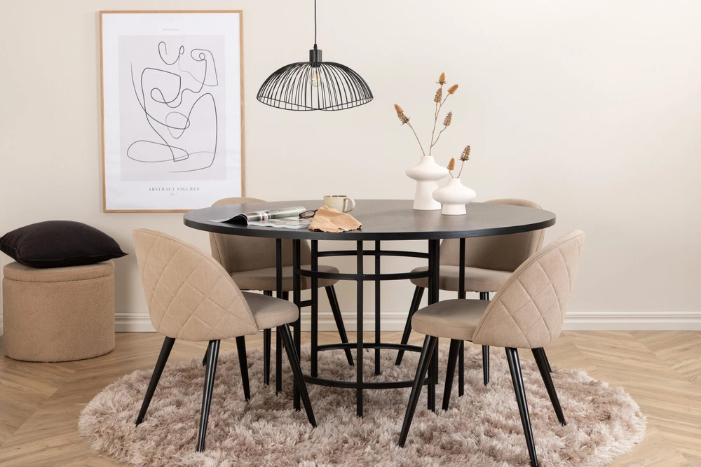 Venture Design Valgomojo stalas, Kopenhaga, 140x74 cm, Juodas, Valgomasis kėdė, Veltinė siūlė, 57x76.5x50 cm, Bėžinės spalva