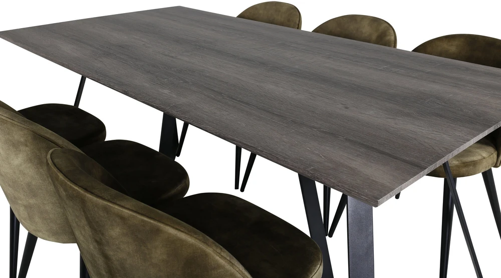 Venture Design Valgomojo stalas, Marina, 180x90x75 cm, Pilka / Valgomasis kėdė, Velvetas, 76.5x50 cm, Žalia