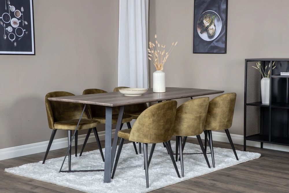 Venture Design Valgomojo stalas, Marina, 180x90x75 cm, Pilka / Valgomasis kėdė, Velvetas, 76.5x50 cm, Žalia