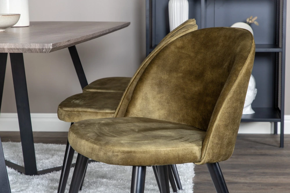 Venture Design Valgomojo stalas, Marina, 180x90x75 cm, Pilka / Valgomasis kėdė, Velvetas, 76.5x50 cm, Žalia