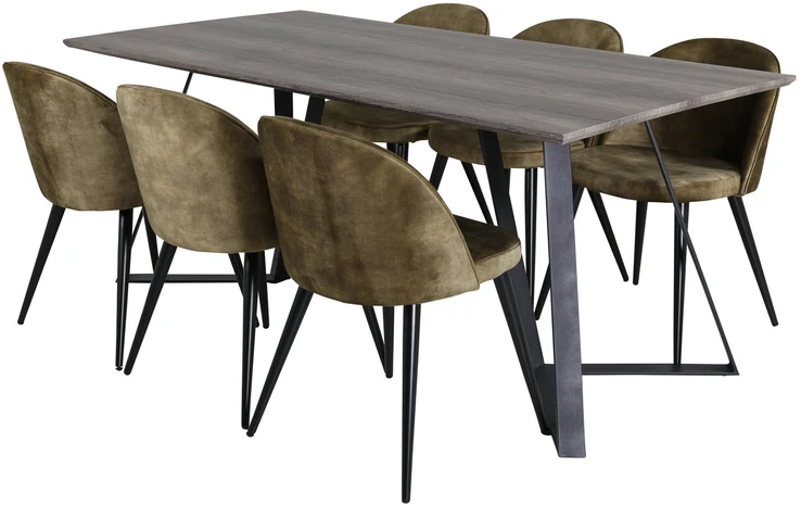 Venture Design Valgomojo stalas, Marina, 180x90x75 cm, Pilka / Valgomasis kėdė, Velvetas, 76.5x50 cm, Žalia