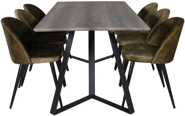 Venture Design Valgomojo stalas, Marina, 180x90x75 cm, Pilka / Valgomasis kėdė, Velvetas, 76.5x50 cm, Žalia