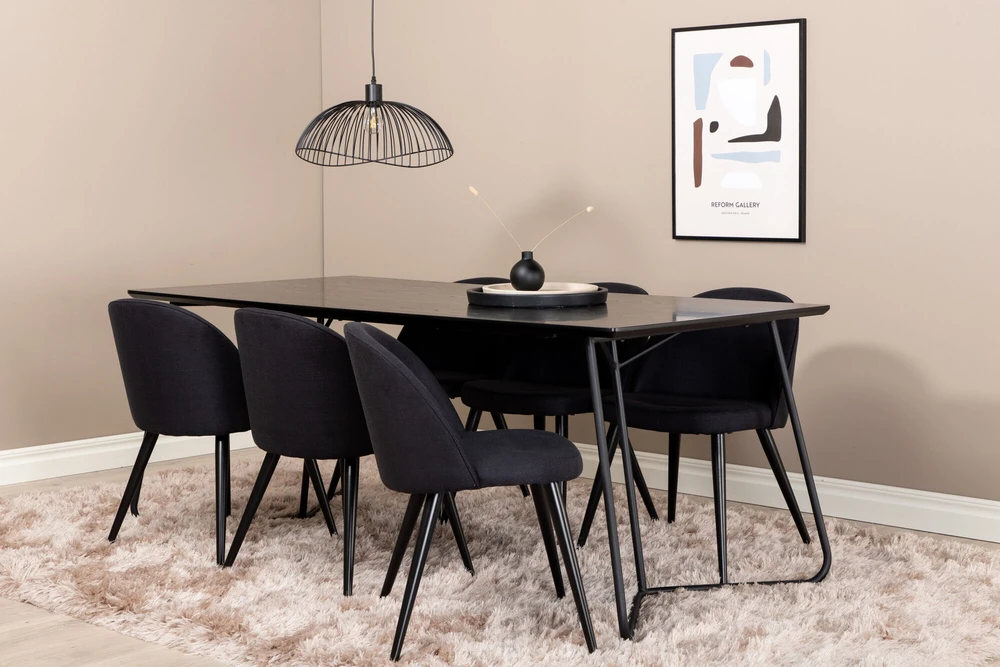 Venture Design Valgomojo stalas, Petra, 190x90 cm, Valgomasis kėdė, 76.5x50 cm, Juoda