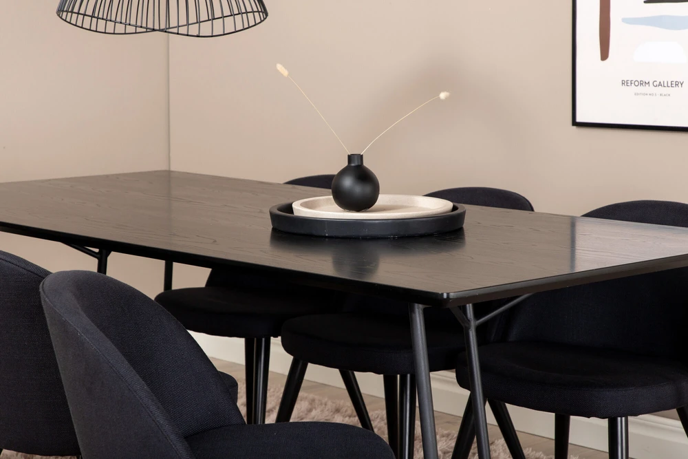 Venture Design Valgomojo stalas, Petra, 190x90 cm, Valgomasis kėdė, 76.5x50 cm, Juoda