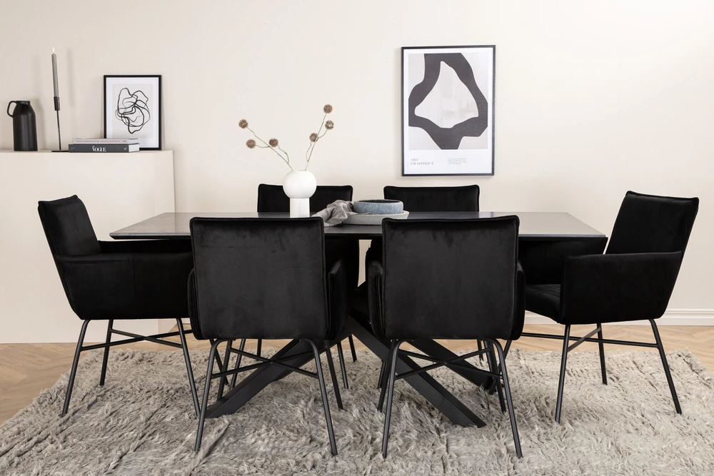 Venture Design Valgomojo stalas, Piazza, 76x180x90 cm, Juodas, Valgomasis kėdė, Petra, 60x87x57 cm, Juoda