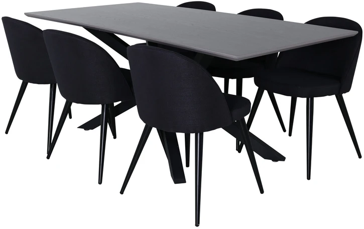 Venture Design Valgomojo stalas, Piazza, 190x90 cm, Juodas Pilkas Furnyras, Valgomasis kėdė, Velvetas, 76.5x50x57 cm, Juoda