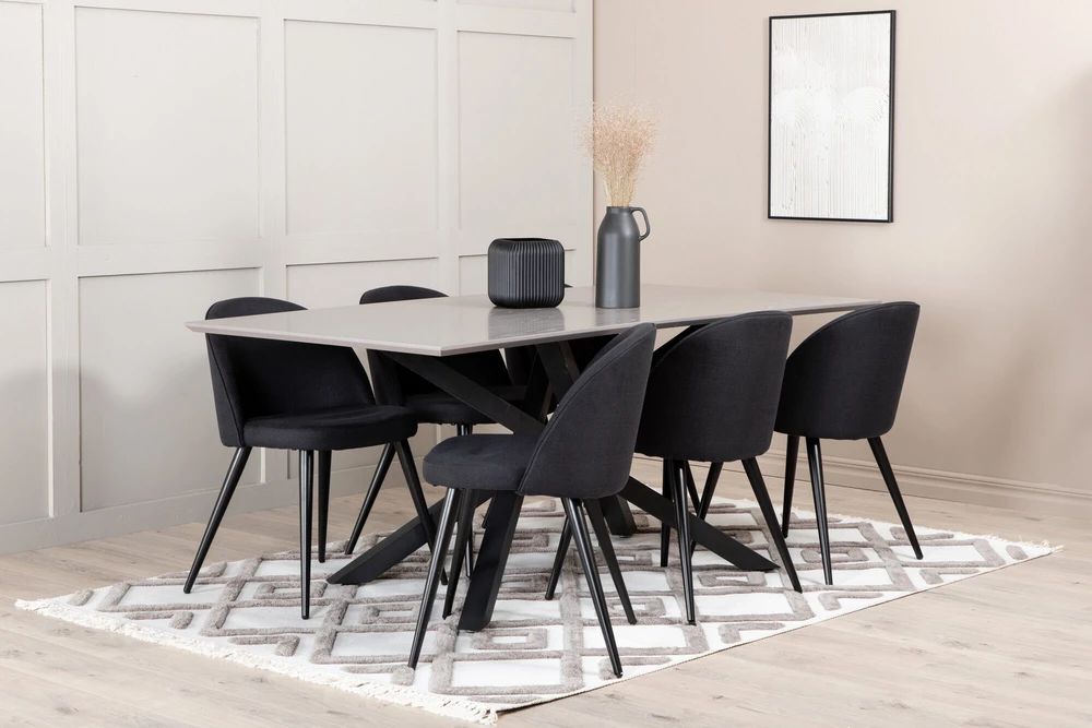 Venture Design Valgomojo stalas, Piazza, 190x90 cm, Juodas Pilkas Furnyras, Valgomasis kėdė, Velvetas, 76.5x50x57 cm, Juoda