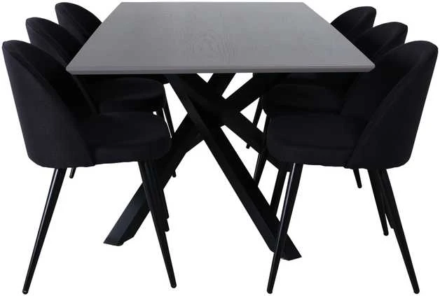 Venture Design Valgomojo stalas, Piazza, 190x90 cm, Juodas Pilkas Furnyras, Valgomasis kėdė, Velvetas, 76.5x50x57 cm, Juoda