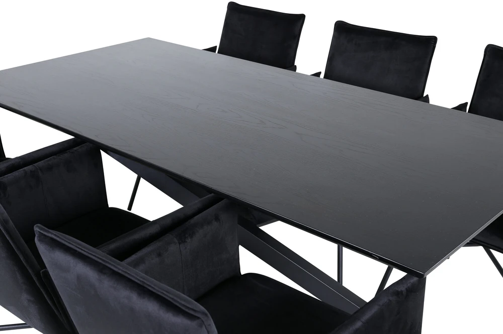 Venture Design Valgomojo stalas, Piazza, 76x180x90 cm, Juodas, Valgomasis kėdė, Petra, 60x87x57 cm, Juoda