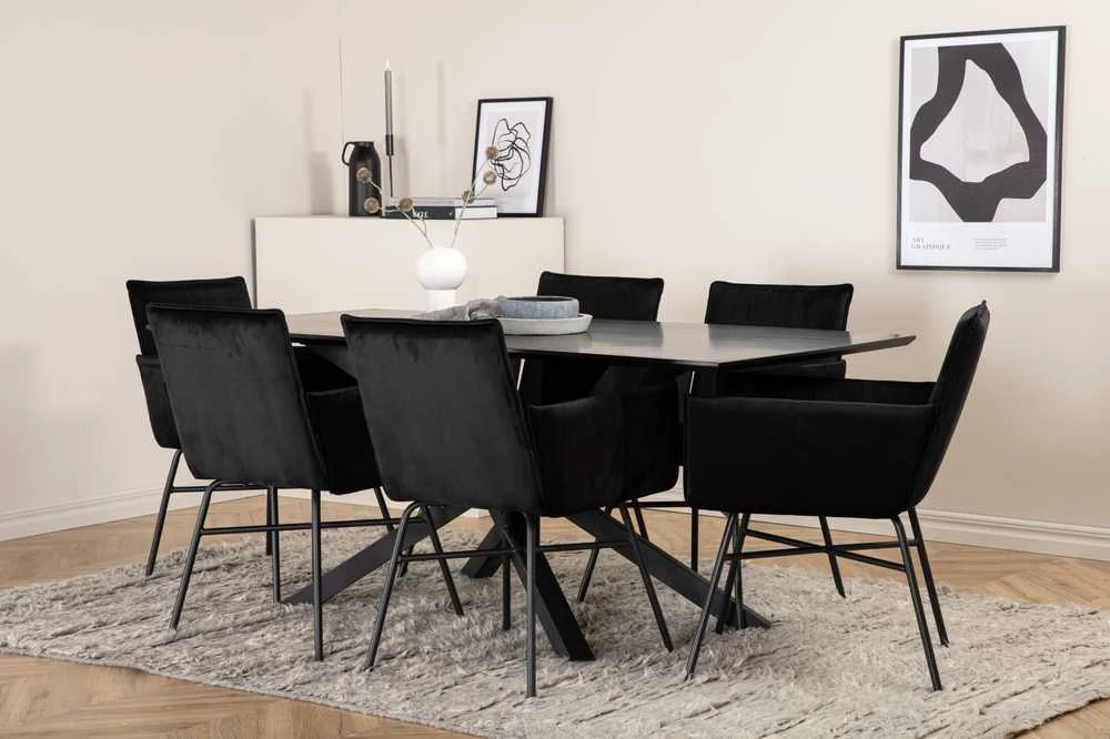Venture Design Valgomojo stalas, Piazza, 76x180x90 cm, Juodas, Valgomasis kėdė, Petra, 60x87x57 cm, Juoda