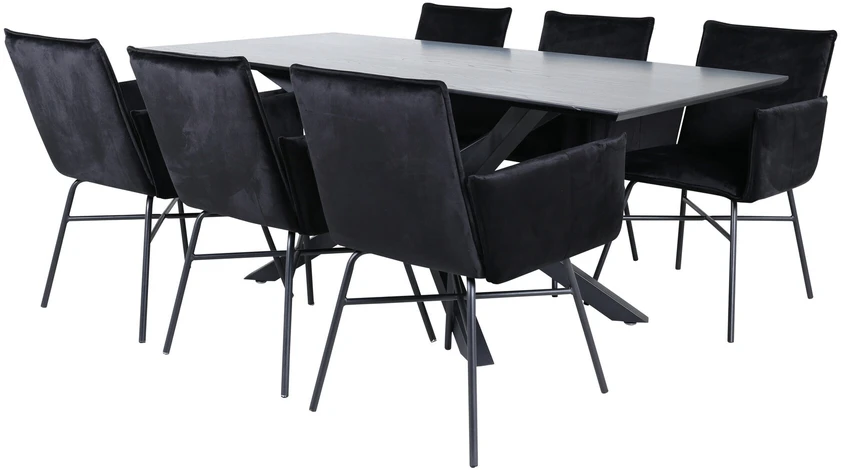 Venture Design Valgomojo stalas, Piazza, 76x180x90 cm, Juodas, Valgomasis kėdė, Petra, 60x87x57 cm, Juoda