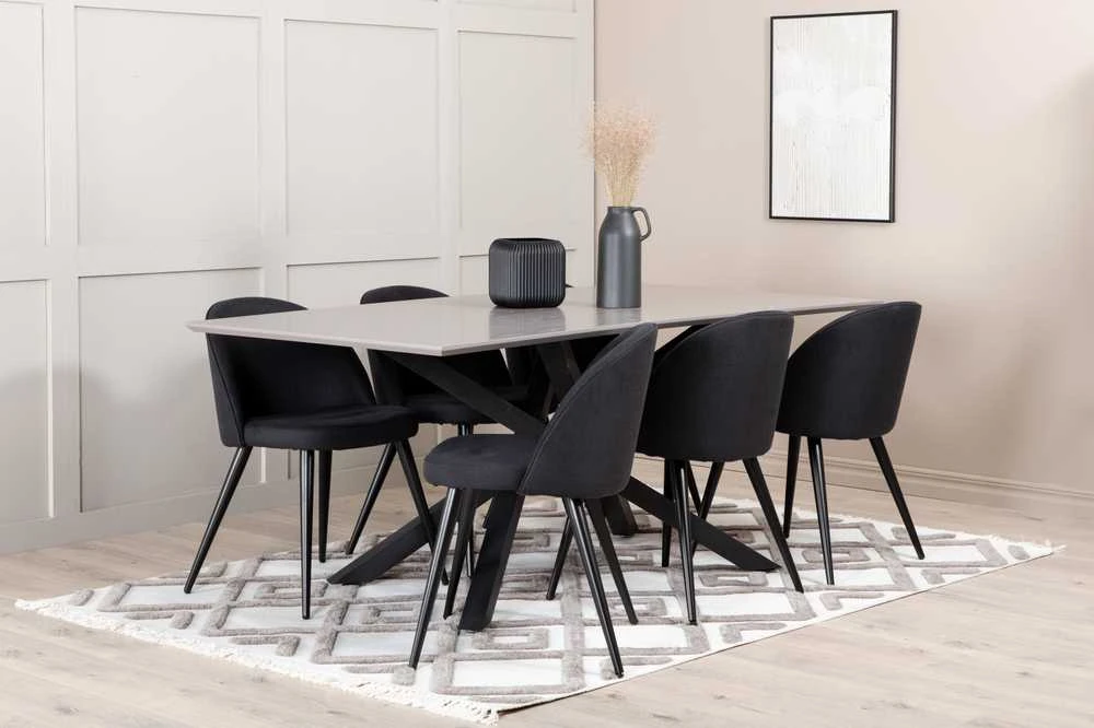 Venture Design Valgomojo stalas, Piazza, 190x90 cm, Juodas Pilkas Furnyras, Valgomasis kėdė, Velvetas, 76.5x50x57 cm, Juoda