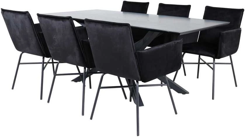 Venture Design Valgomojo stalas, Piazza, 76x180x90 cm, Juodas, Valgomasis kėdė, Petra, 60x87x57 cm, Juoda