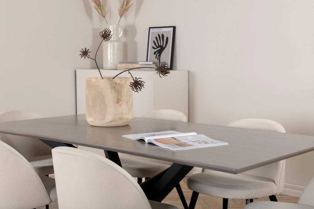 Venture Design Valgomojo stalas, Piazza, 76x180x90 cm, Pilka/Juoda, Valgomasis kėdė, Veltinas, 57x76.5x50 cm, Bėžinis/Juodas